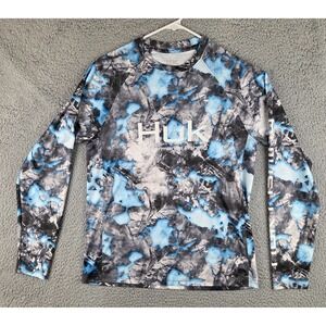Huk Performance Fishing T-Shirt Mens Small Blue Gray Camo Mossy Oak Fracture